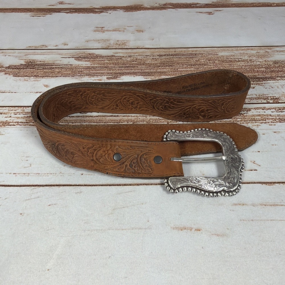 Brown Genuine Leather Western Belt Womens 36 Floral Tooled Silver Metal Buckle